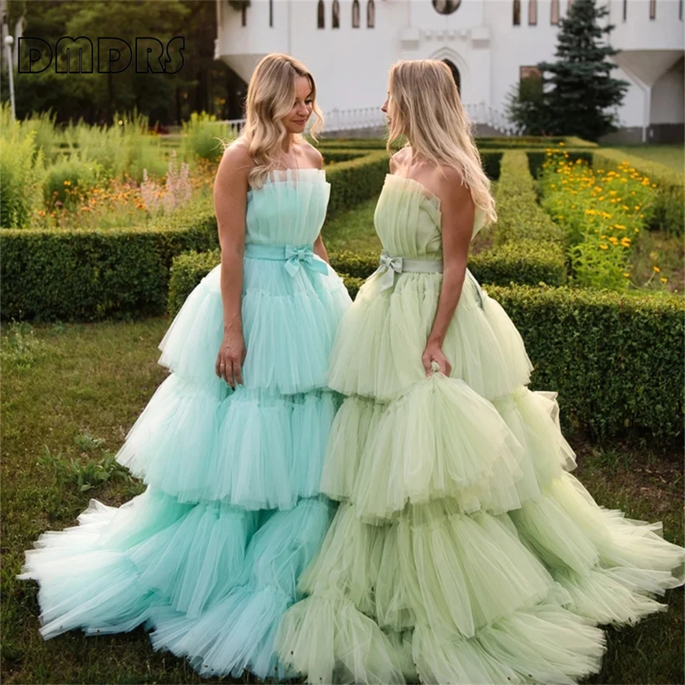 Mustard Green Fluffy Tiered Women Tulle Dress Strapless Ballgown Plus Size Lace-up Back Prom Dresses Party Gown Many Colors