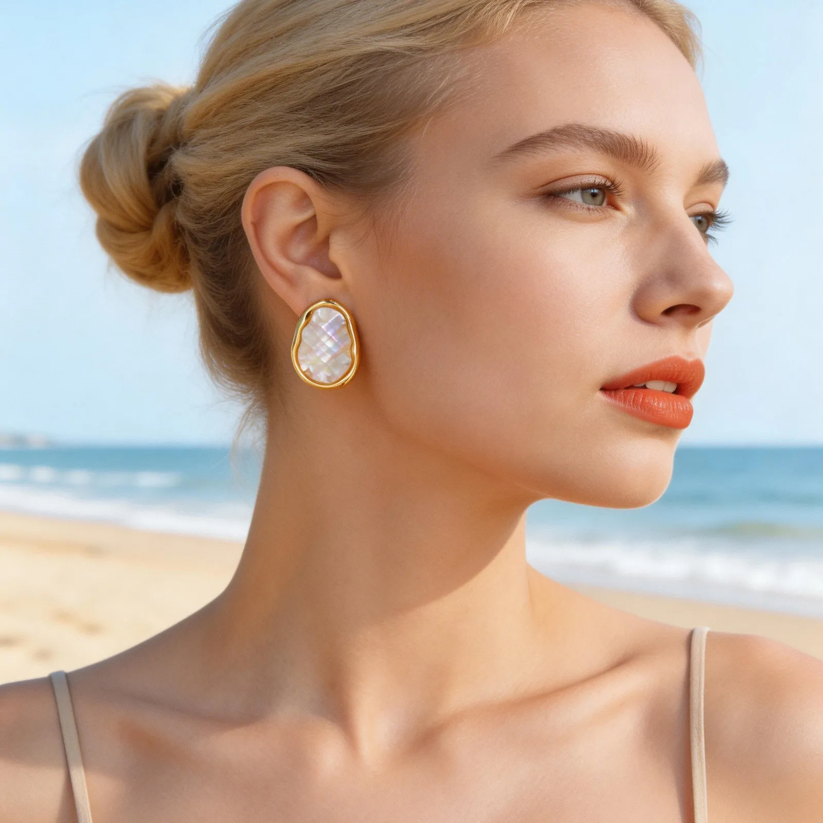 

Luxury Natural Mother of Pearl Earrings Gold Plated Irregular Geometric Shell Stud Tarnish Free Stainless Steel Women Jewelry