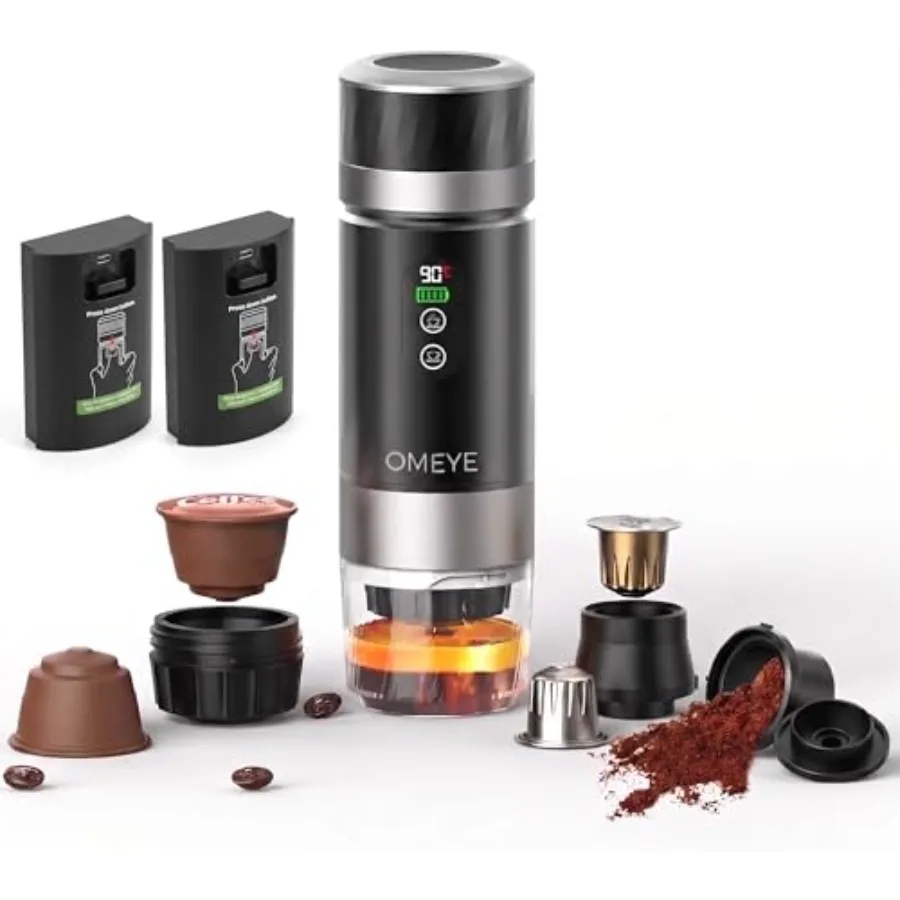 Portable espresso maker for camping, travel, office stainless steel, black, 20 bar self-heating cordless coffee machine with LE