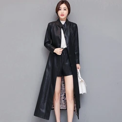 Women Mid Length Leather Jacket Slim Coat Windbreaker Belt Spring Autumn Jacket Korean Chic Faux Leather Coat Black Red Jacket