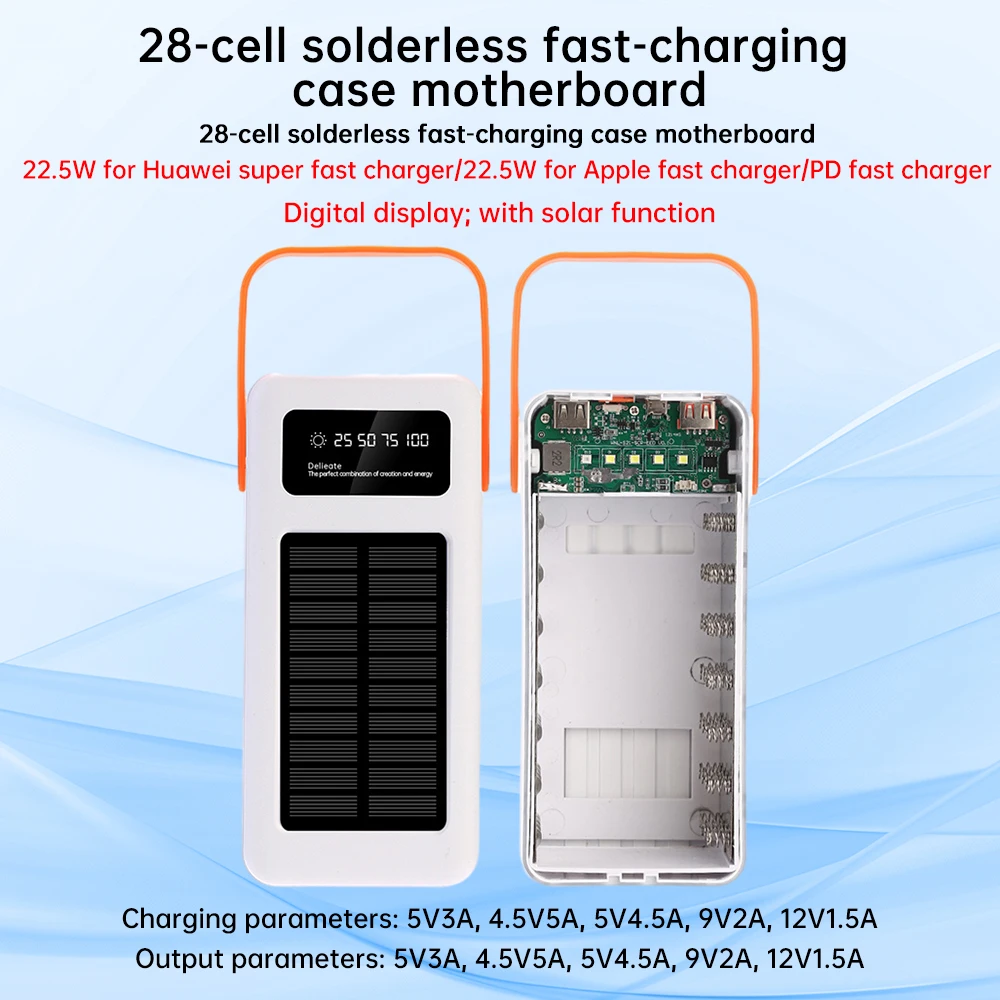 28*18650 Battery Storage Box Solar Chargeing Power Bank Box 22.5W Fast-charging Support PD/QC AFC FCP Protne Portable Light Clip