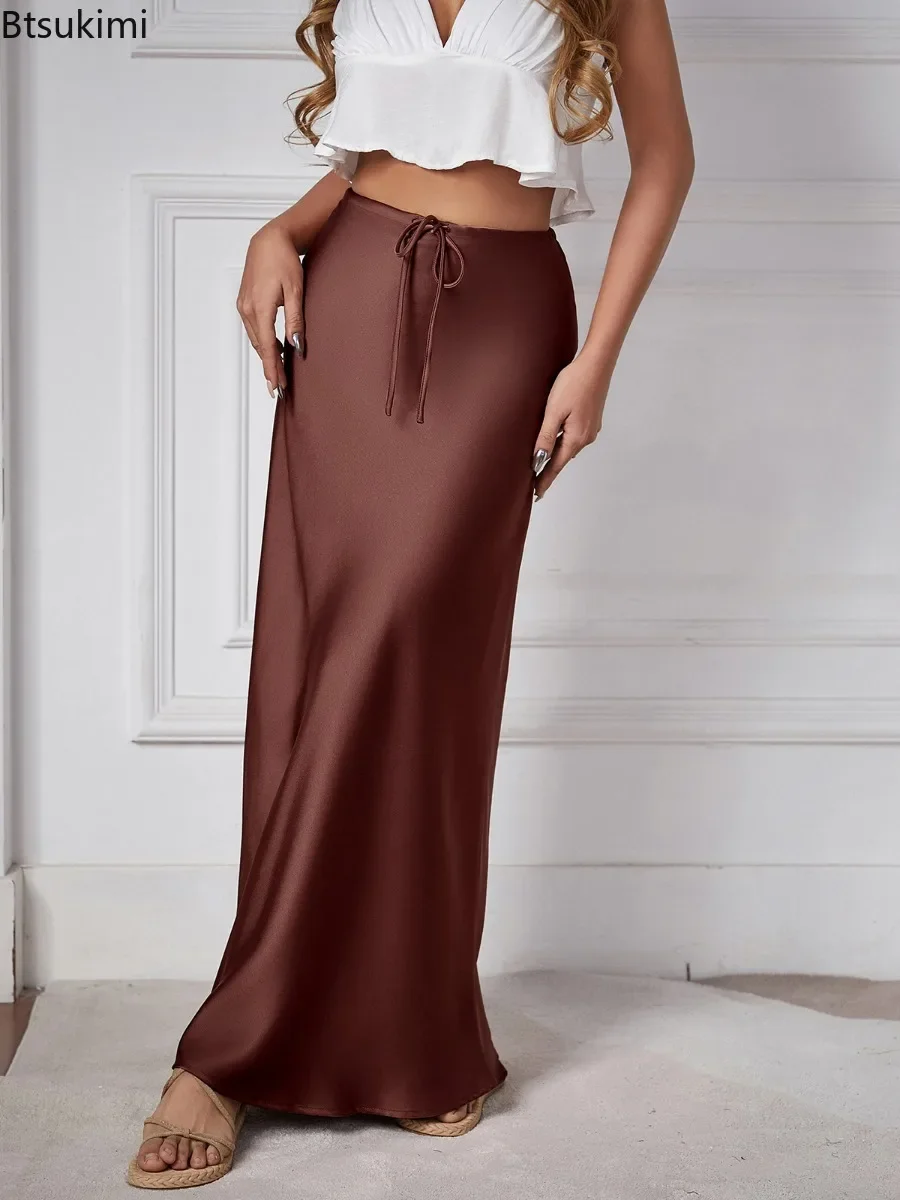 New Women's Hip-covering Maxi Skirt Elegant Silky Satin High Waist Skirt for Women Solid Drawstring Lace-up A-line Casual Skirts