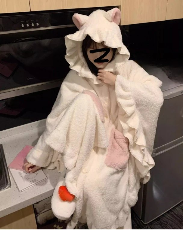 حجم كبير المرأة سميكة مقنعين ثوب النوم الخريف الشتاء لطيف المرجان الصوف كيب منامة موضة فضفاضة تنوعا المتسكعون مجموعة #6