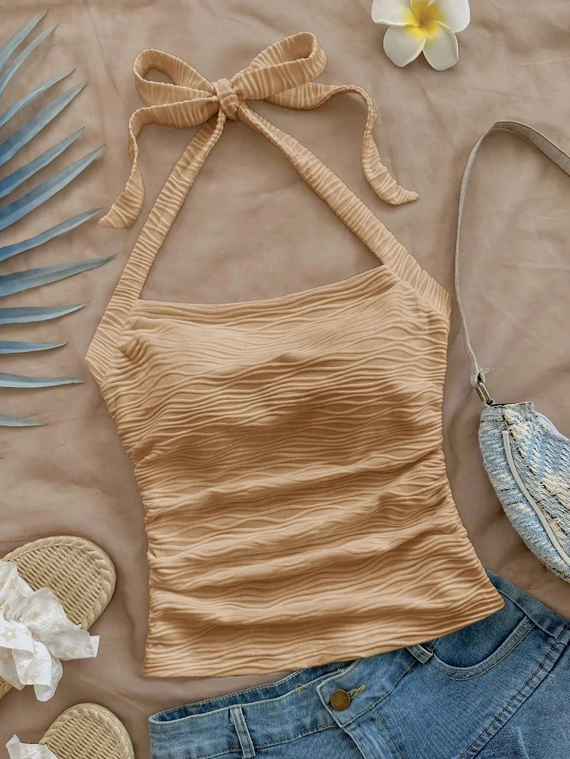 2025 Summer New Women\'s Fashion Crop Halter Inside The Halter Wearing Sleeveless Short Slimming Vest Top