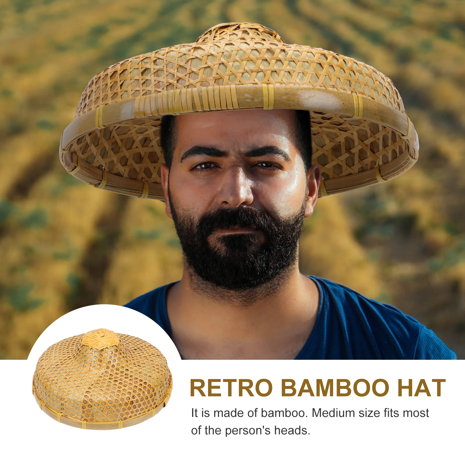 

1Pcs Oriental Style Bamboo Hat Handcrafted Weaving Design for Sun Block Rain Proof Farmer Fishing Travel Decorative Accessory