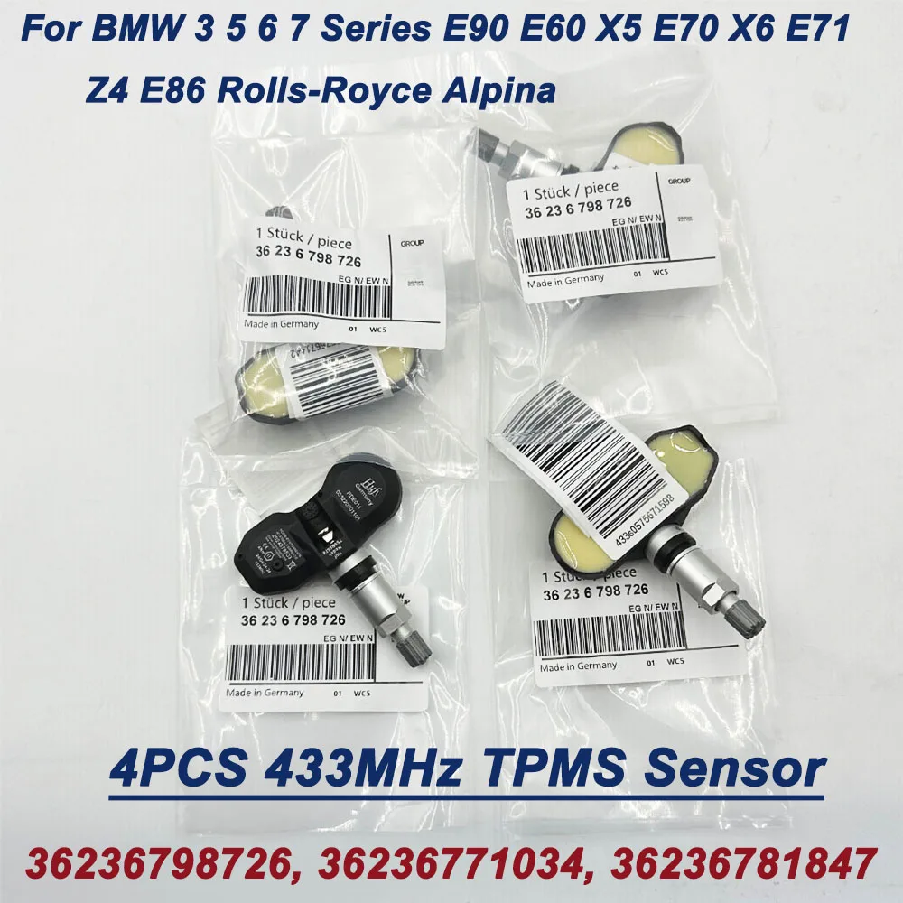 4Pcs 433MHz TPMS 36236798726 TPM109A Tire Pressure Sensor 36236771034 36106856227 For B-MW 3 5 6 7 Series E90 Rolls-Royce Alpina