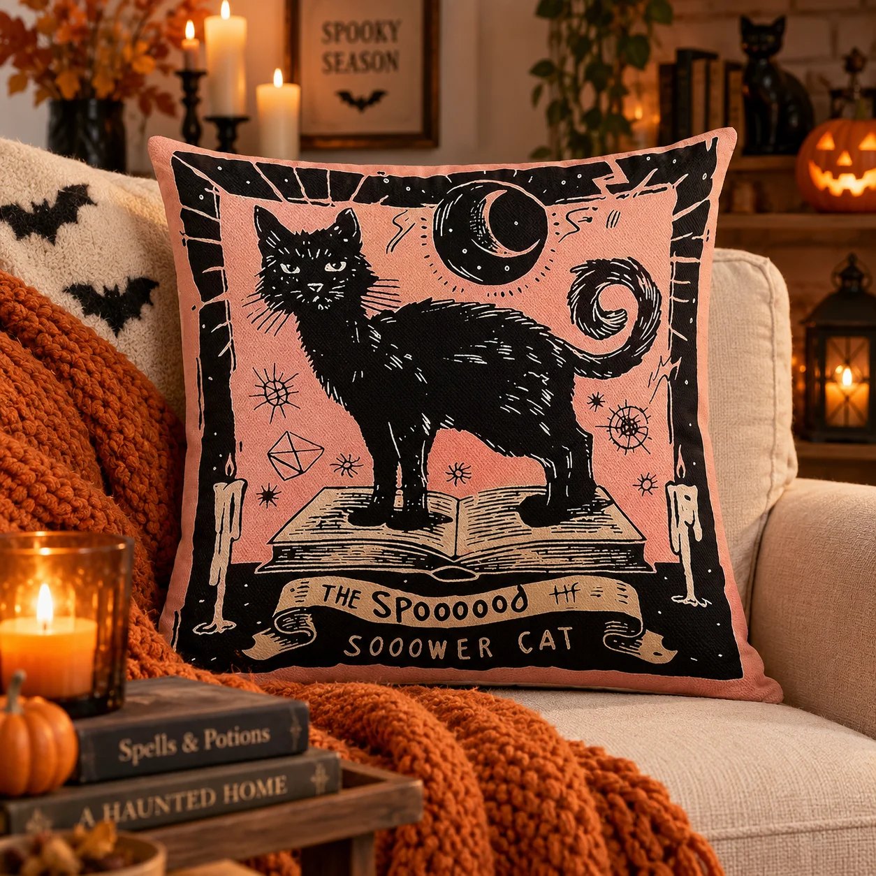 1pc Spooky Cat, Bat, Raven & Witchy Pot Polyester 2D Design Print Sofa Living Room Autumn Spooky Home Party Decoration