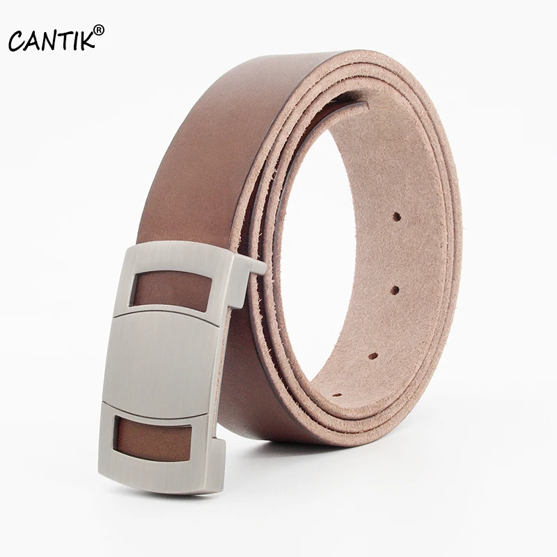 CANTIK Top Quality Solid Cowhide Leather Letter Belts for Men Male Style Accessories 3.3cm Wide