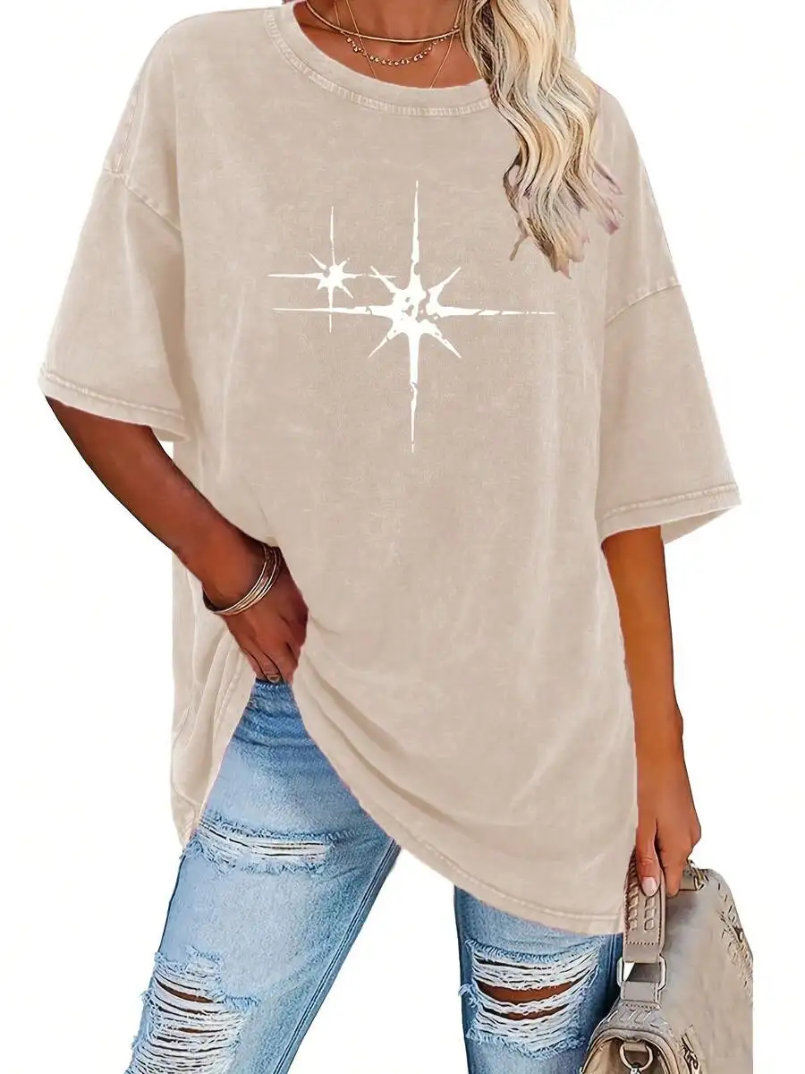 

Womens Vintage Washed Cotton T-Shirt With Star Print Loose Fit Round Neck Short Sleeve