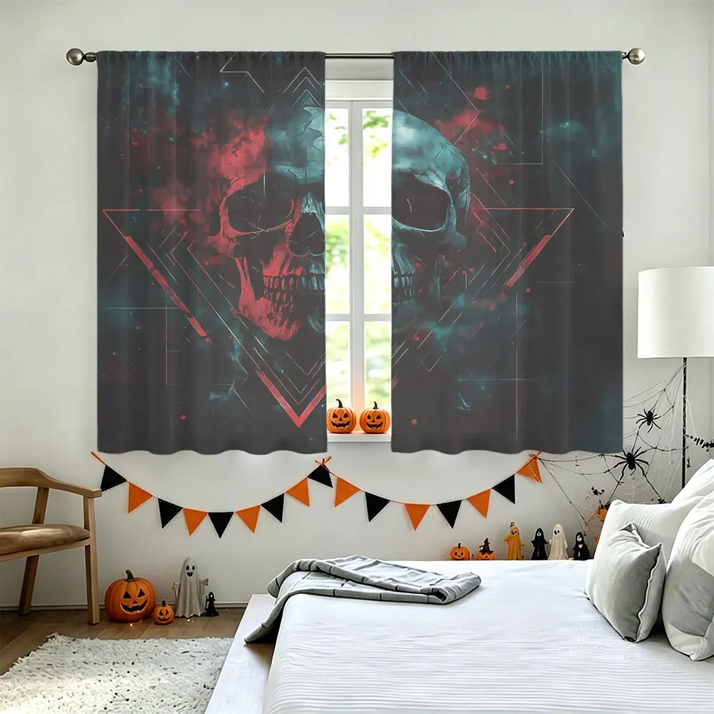 90G Rod Pocket Curtains 2 Panels, Red Black Skull Triangle Print Drapes, Gothic Dark Style Curtains for Bedroom Living Room