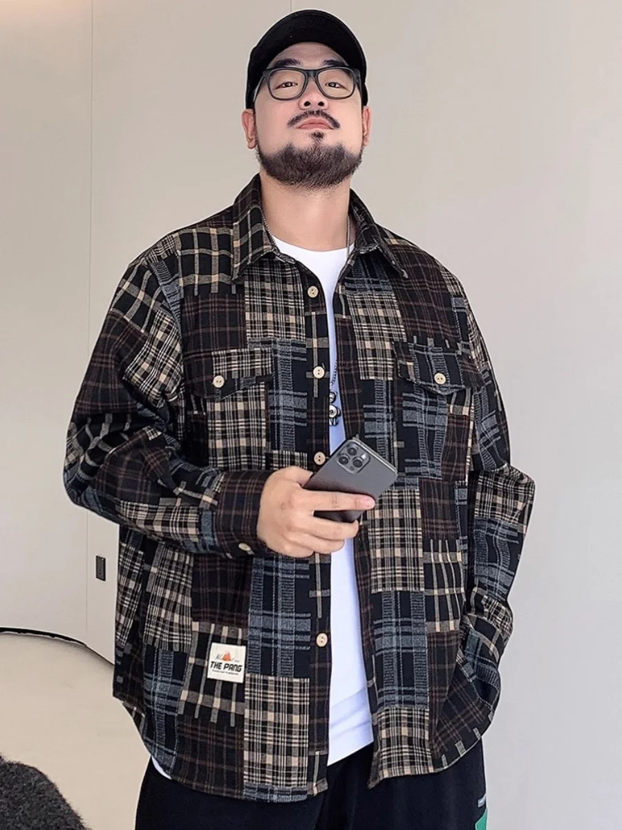 

Large Size 300 Pounds Spring Autumn Plaid Splicing Loose Long Sleeve Men's Casual Shirt Trendy Brand Fat Casual Shirt Coat