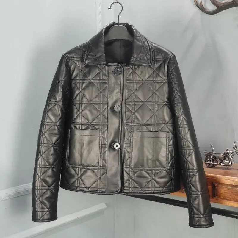 

Haining Autumn New Sle Women's eepskin Leather Jaet Warm Casual Loose Coat Cotton Quilted Diamond Patterned Outerwear