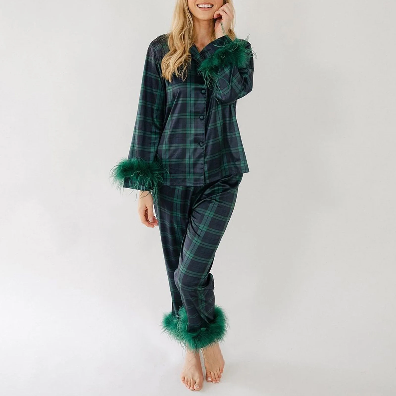 Women\'s 2 Piece Pajama Set Long Sleeve Lapel Button Up Shirt Tops Solid Color/Plaid Pants Christmas Sleepwear Sets