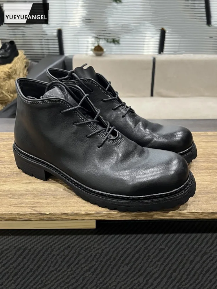 

Handmade Fashion Men Retro Horsehide Genuine Leather Shoes Work Lace Up Thick Wear Resistant Comfortable Men British Style Boots