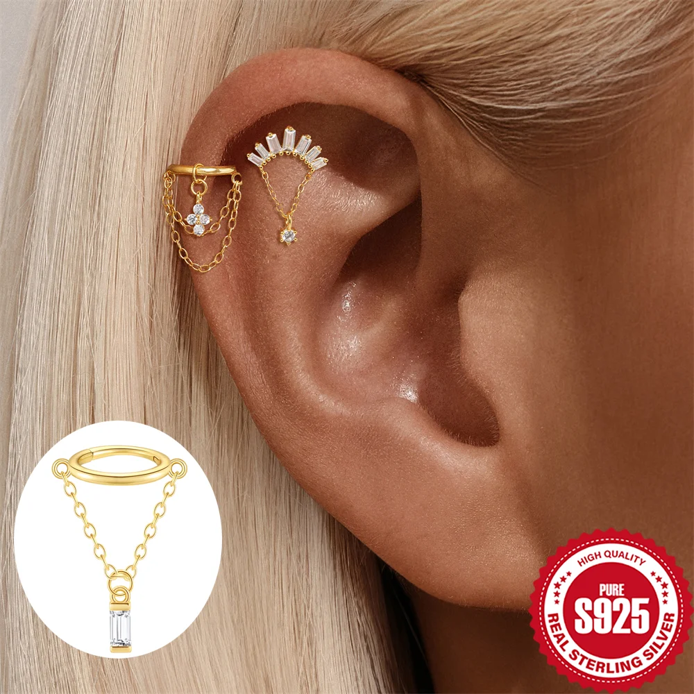 

AIDE 925 Sterling Silver Four Petal Flower/Water Drop Double-layer Tassel Chain For Women Cartilage Piercing Earring Clip