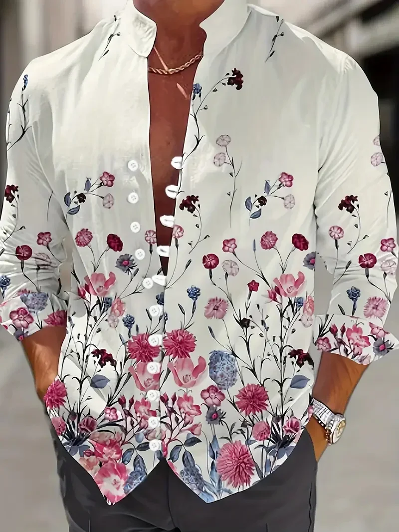 New Men's Ethnic Style Linen Long Sleeve Shirt Men Button Fashion Trendy Boat Anchor Pattern Fit Comfortable Vintage Top