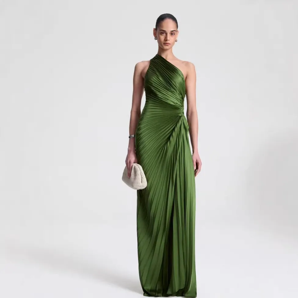 Women's Elegant Off Shoulder High Waist Pleated Long Sleeveless Backless Solid Green Dress for Wedding Guest Party Prom 2026 - view 3