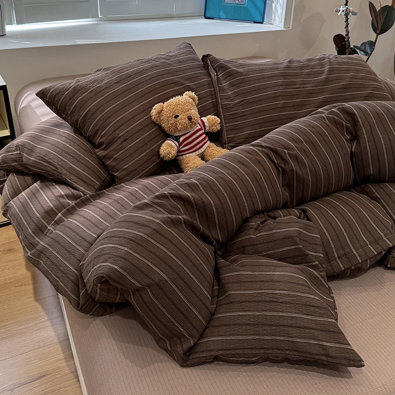 Brown Striped Washed Cotton Bedding Set Durable Breathable Duvet Cover Set Japan Simple Style Quilt Cover Bed Sheet Pillowcase