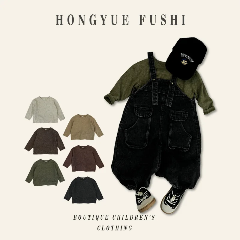 

Майка с длинными рукавами для футболок для малышей, весна-осень, ретро для мальчиков и девочек, детская повседневная корейская свободная модная новинка