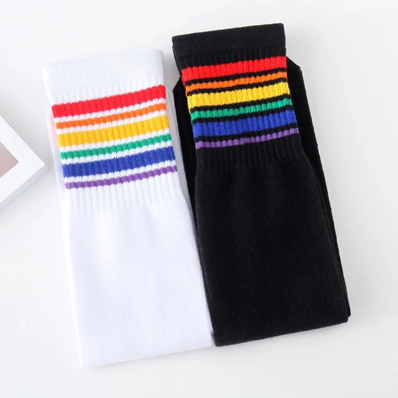 Kids Boys Girls Rainbow Striped Sock Soft Knee High Socks Student Football Sports Socks Children Long Tube Leg Warm Socks 1-15Y