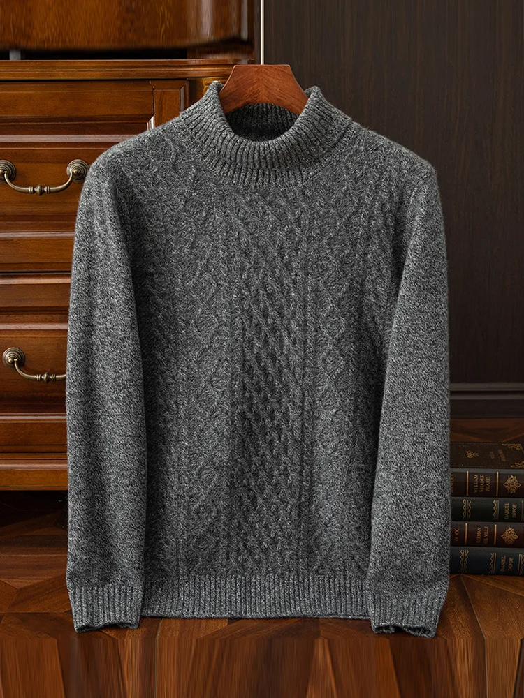 2023 High-End Men's Turtleneck Pullover Winter Thickened Pure Wool Knit Sweater Solid Color Jacquard Sweater Loose All-Match