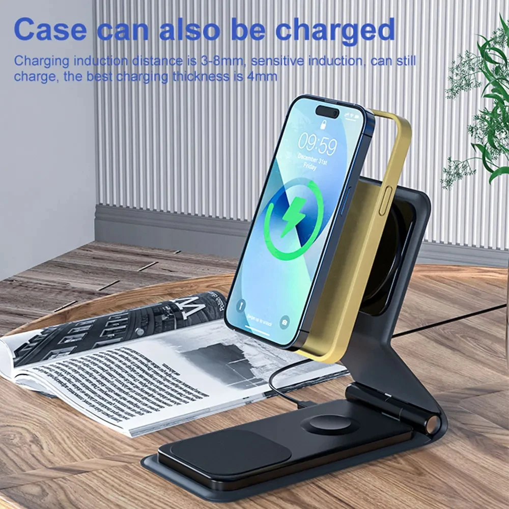 Magnetic Wireless Charger Stand Pad for iPhone15 14 13 Pro Max iWatch 8 7 6 Foldable Fast  3 in 1 Charging Dock Station