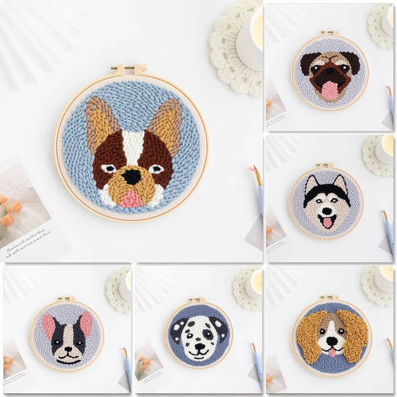 

Dog Animal DIY Punch Needle Embroidery Set For Beginner Rug for Starter Kits Fabric Yarn Hoop Craft Painting Penguin Pattern