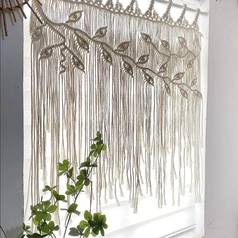 Bohemian Hand Woven Leaf Pattern Tapestry, Fringed Macrame Curtain Wall Hanging for Sofa Bed Head Background Home Decor Ornament