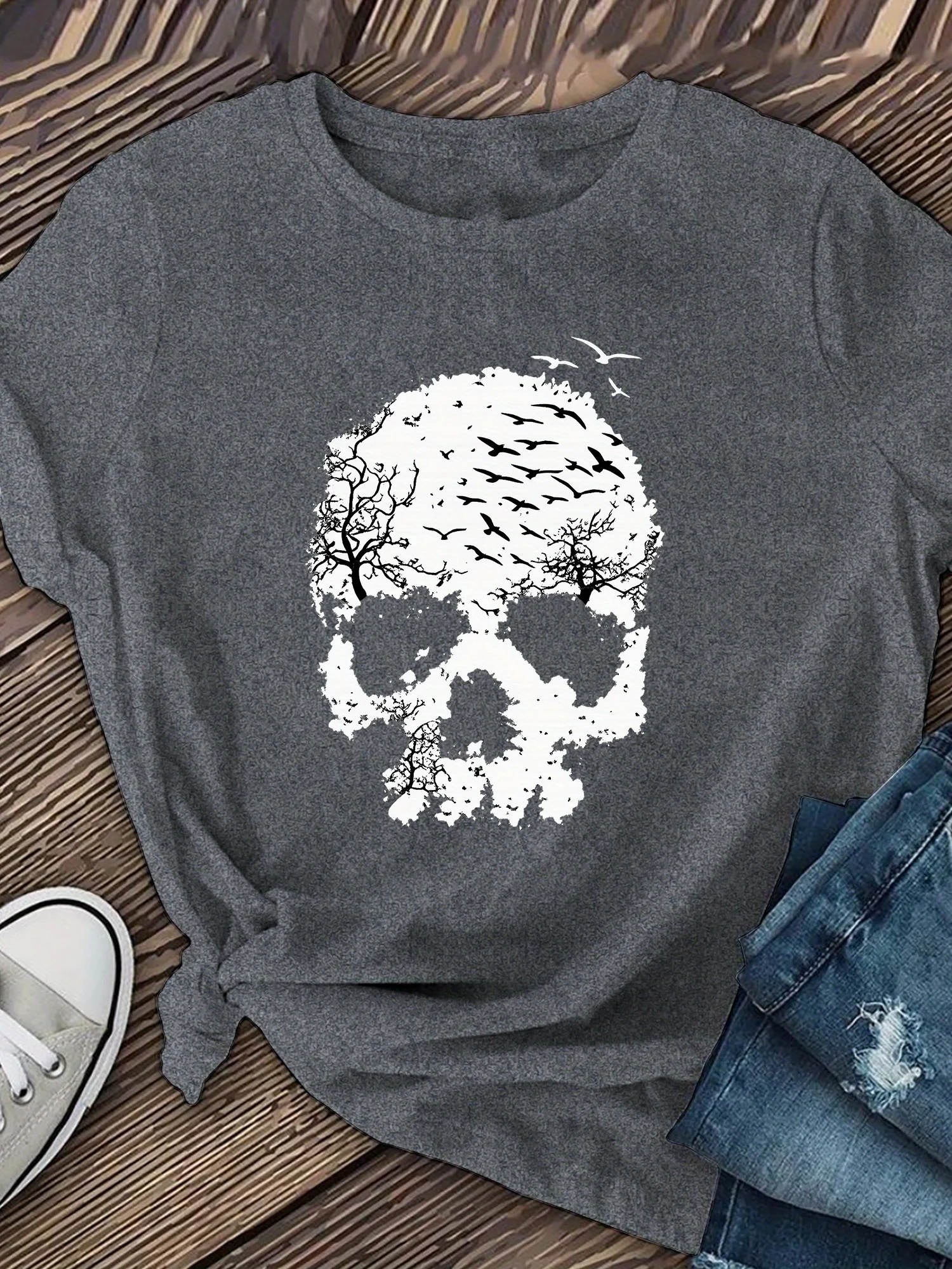 تي شيرت نسائي برسومات جمجمة الهالوين - قميص كاجوال أنيق برقبة دائرية وأكمام قصيرة، قميص بطبعة جمجمة |   قماش قابل للتمدد