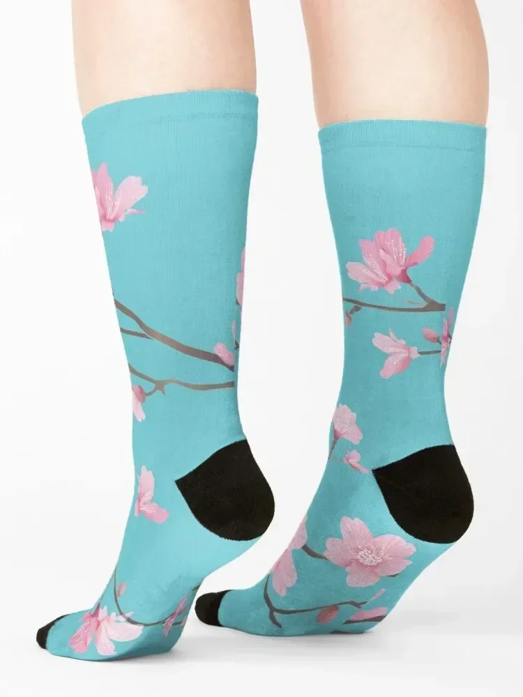 Cherry Blossom flower plant - Robin Egg Blue Socks Novelties heated japanese fashion retro Socks For Girls Men's