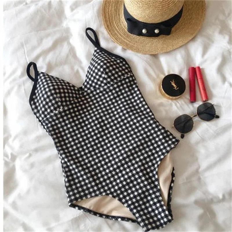 Women's Swimwear 2024 Women Bikini Plaid Swimsuit Backless Sexy One-Piece Hot Spring Swimwear M-XL