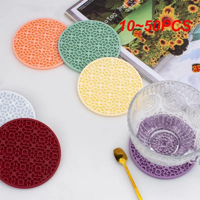 10~50PCS Silicone Coaster Thin And Easy To Store High Temperature Resistant Drain Retro Pattern Household Products Round Coaster