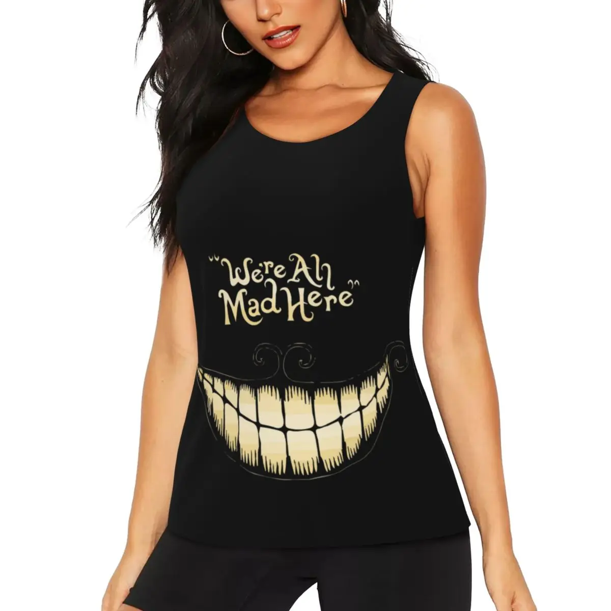 

Custom We’re All Mad Here Smile Workout Tank Tops for Women Cheshire Smile Cat Quick Dry Sleeveless Yoga Shirt