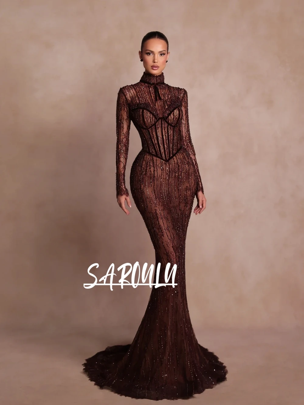

Brown Lace Mermaid Evening Dress See Through Beaded Cocktail Gown Customized Formal Events Gorgeous High Neck Party Wear