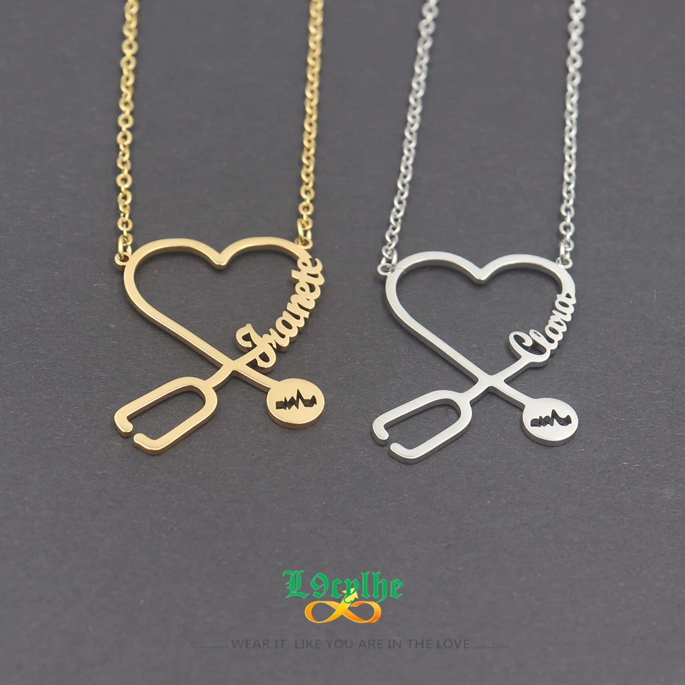 Custom Name Stethoscope Necklace Gold Silver Plated Heart Choker Personalized Name Necklaces Doctor Medical Jewelry Nurse Gift