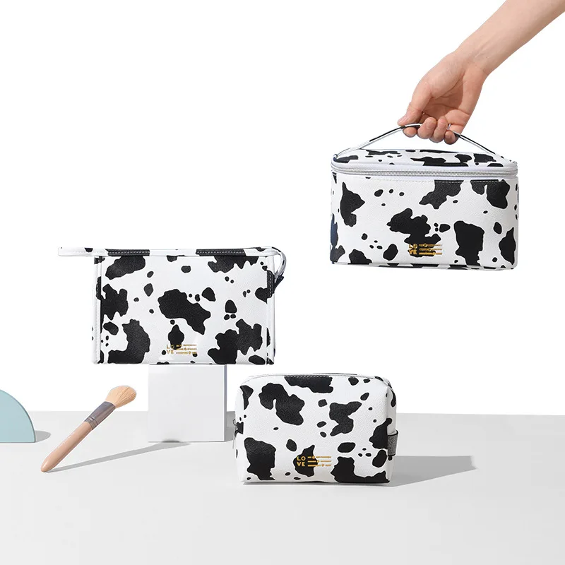 Fashion Cute Makeup Pouch Portable Cow Print Make Up Toiletry Bag Multifunctional Zipper Organizer for Vacation Camping Party