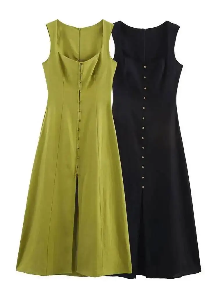 Women's A-line Long Dress Elegant Square Neck Sleeveless Wide Sling Maxi Dresses 2025 Summer Lady Commute Button Dresses TE8R