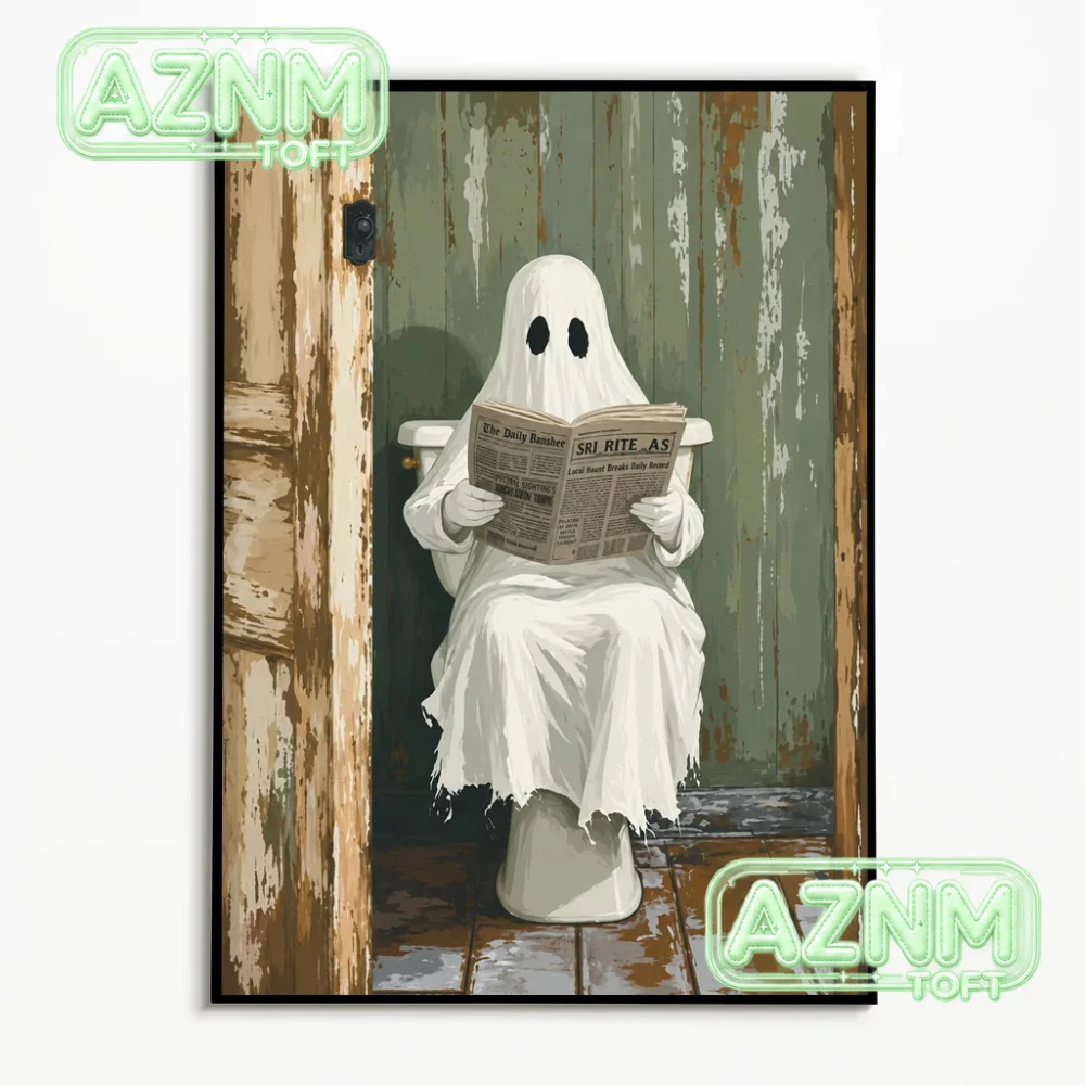1PC  Halloween Bathroom Funny Ghost Pumpkin Black Cat Poster  Toilet Reading Newspaper Ghost Wall Art  Frameless Canvas Print