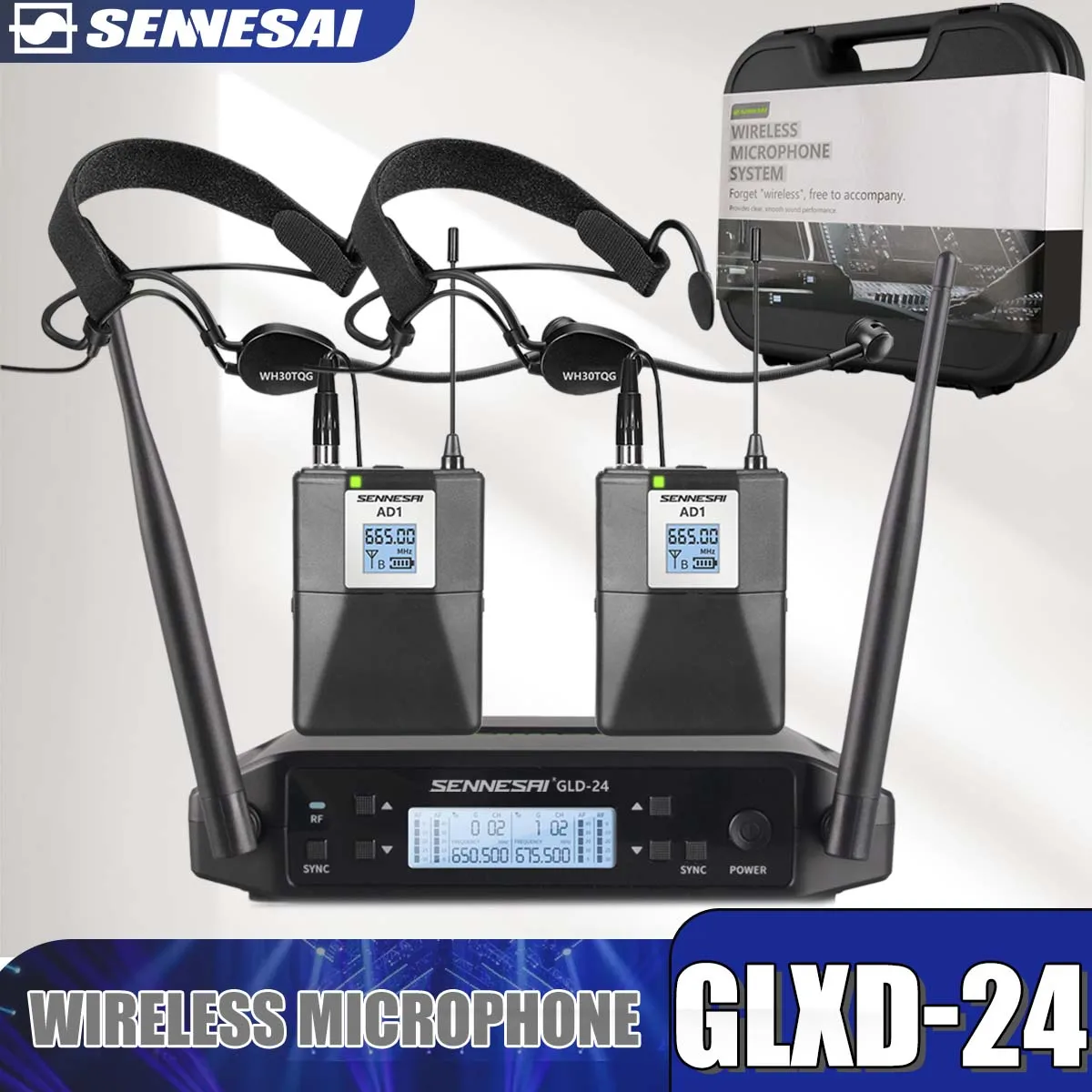 High Quality！ GLXD4 AD1 Professional Dual Wireless Headset Microphone，UHF Bodypack Mic Speech Party Meeting，600-699MHz 2 Channel