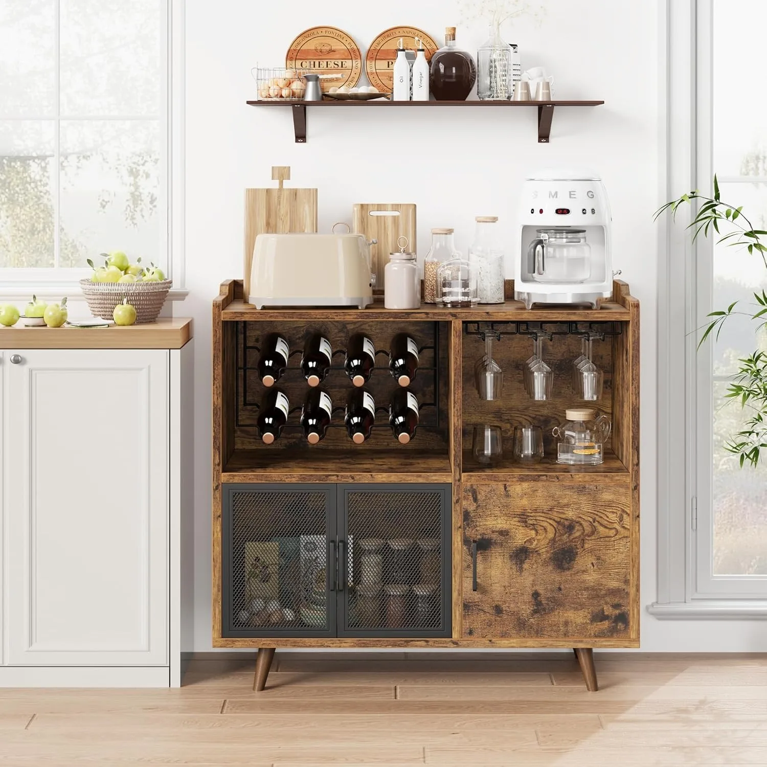 Armoire de bar à vin vintage, armoire de bar français ou café avec vin T1 et cintre en verre, armoire de rangement de planche robuste, marron rustique