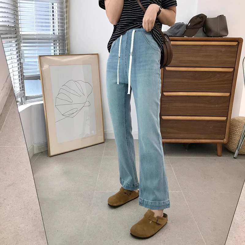

Slim Fit Boot Cut Stretch Cropped Denim Jeans for Maternity Summer High Waist Drawstring Pants for Pregnant Women Pregnancy Y2k