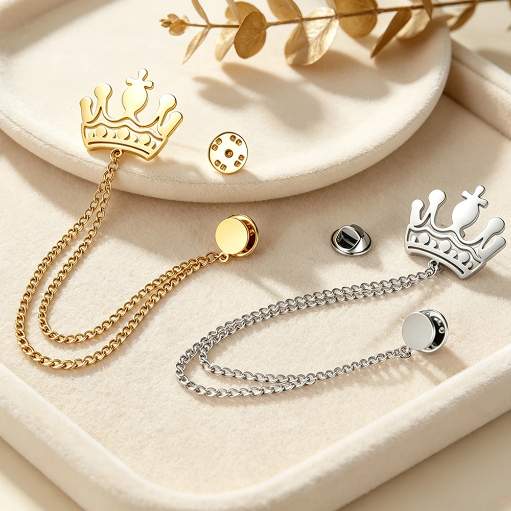 1PC Crown with Double layer Tassel Chain Brooch Royal Crown Brooch Stainless Steel Business Jacket Decoration Party Jewelry