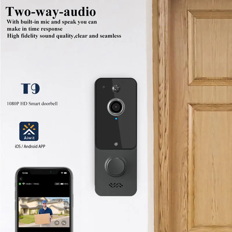 Дверной звонок T9, 1080P, Wi-Fi, IP67, ночное видение