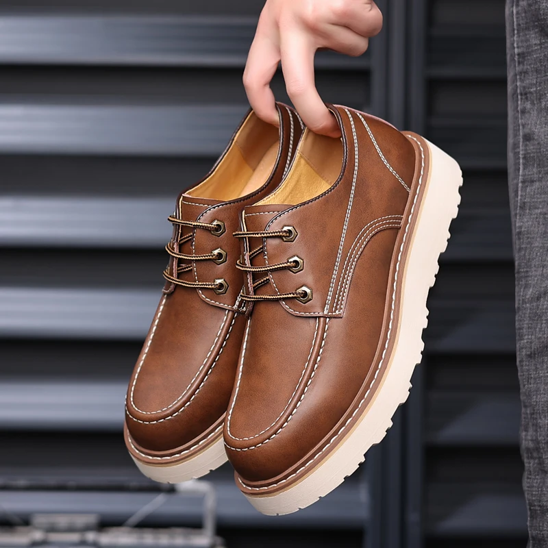 Spring Autumn Fashion Vintage British Men Shoes High Quality Breathable Ankle Boots Tooling Round Toe Lace-up Motorcycle Boots