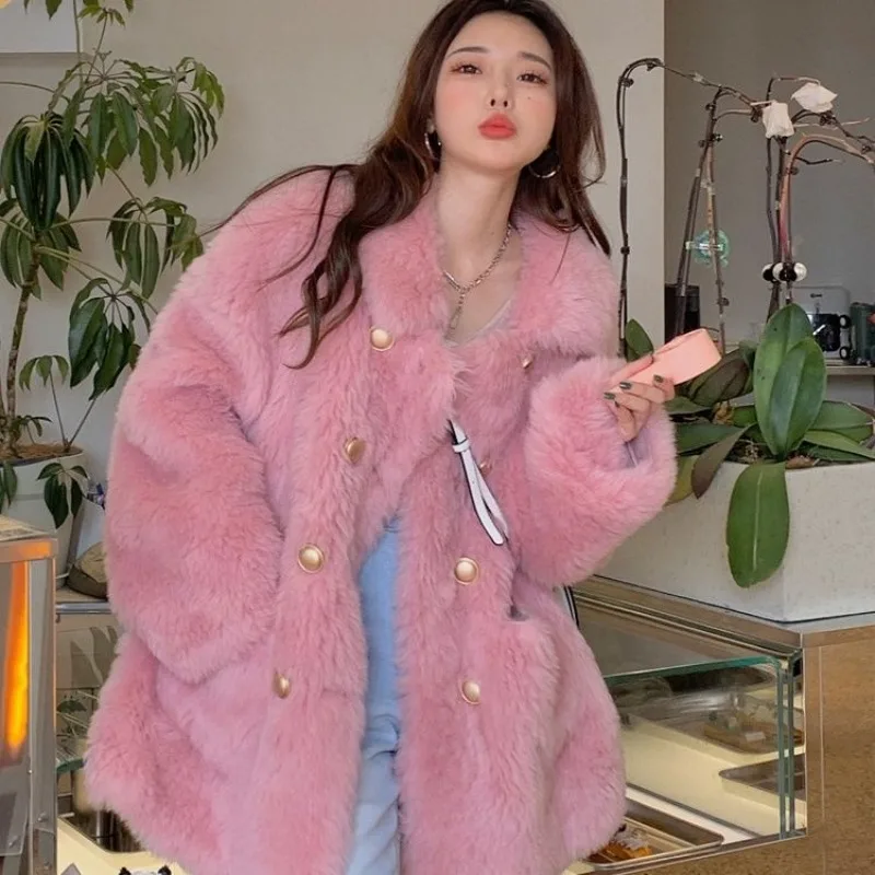 Winter Lambs Wool Coat Women Fashion Mid-Length Fur Integrated Fur Outwear Female Loose Casual Solid Color All-Matching Outcoat