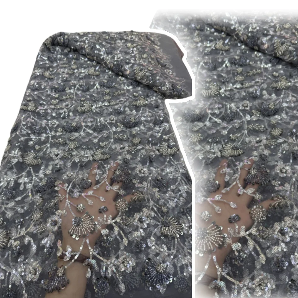 

2025 Newest African Sequin Lace Fabric French Beaded Embroidery Tulle Mesh Lace Fabric for Wedding Party Dress Sewing SZ1142
