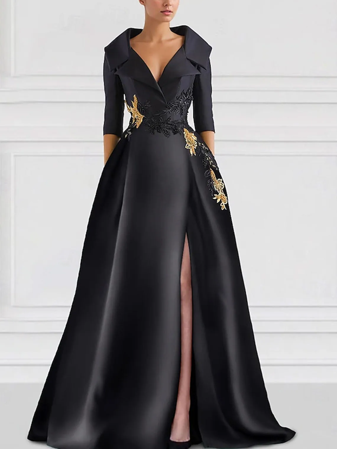 

Elegant VintageA-Line Satin Prom Dress Shirt Collar Floor Length 3/4 Sleeve Appliques Formal Evening Gown 2025 free customized