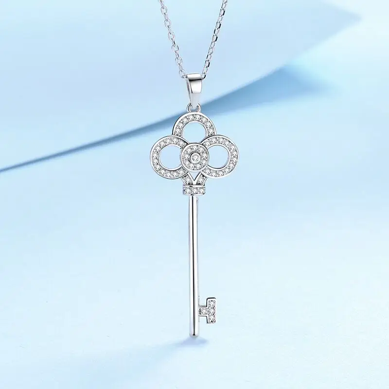 Elegant Key Design Platinum Plated Shiny CZ Zircon Ladies Pendant Necklace Jewelry For Women Short Chain No Fade Cheap Gifts