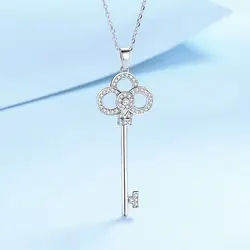 Elegant Key Design Platinum Plated Shiny CZ Zircon Ladies Pendant Necklace Jewelry For Women Short Chain No Fade Cheap Gifts