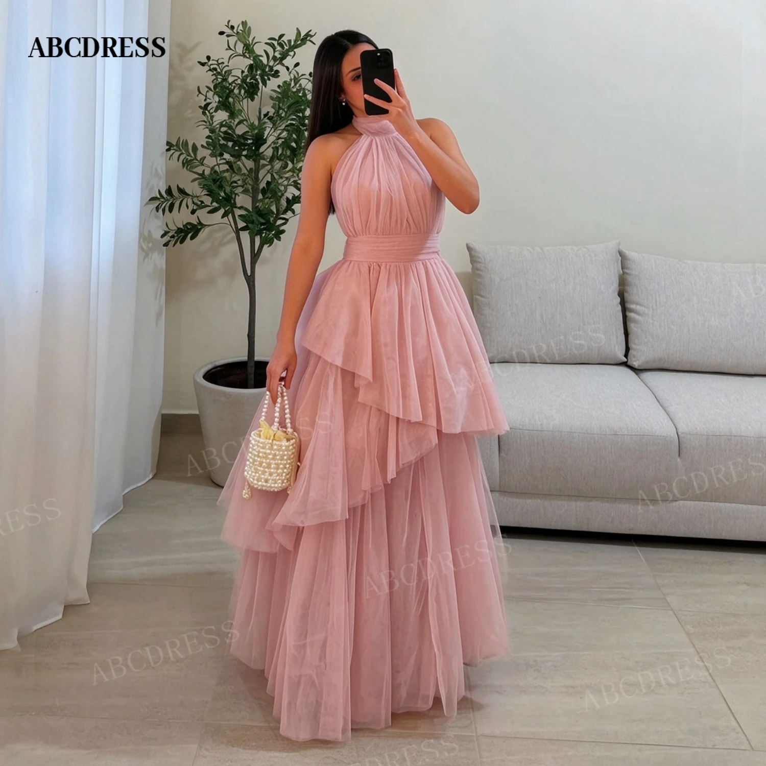 ABCDRESS Customized Halter Tulle Long Evening Dress Tiered Ruffle A Line Prom Party Gown Sleeveless Pleated Waist Wedding Guest